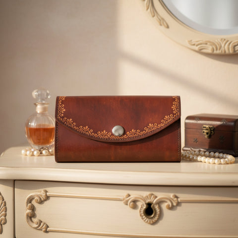Ladies Brown Floral Stamped Leather Organizer Wallet