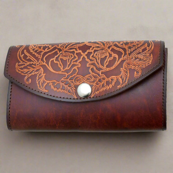ladies brown stamped roses leather organizer wallet