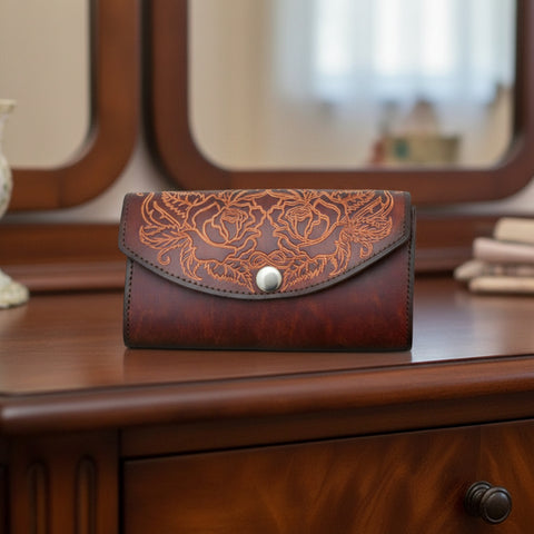 Ladies Brown Stamped Roses Leather Organizer Wallet