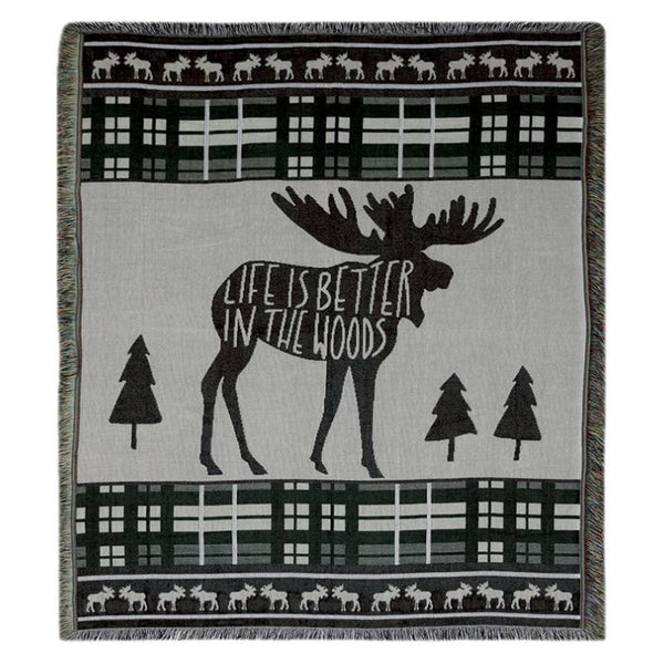 life is better in the woods moose tapestry throw blanket