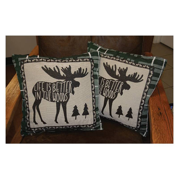 life is better in the woods moose tapestry pillows