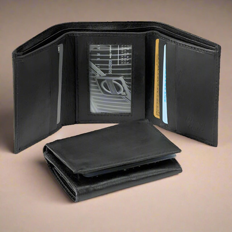 100% Leather Tri-fold Mens Wallet Black #961107