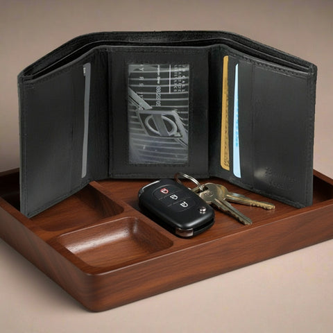 Mens Black Leather Trifold Wallet
