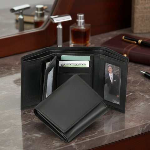 Mens Trifold Black Leather Wallet