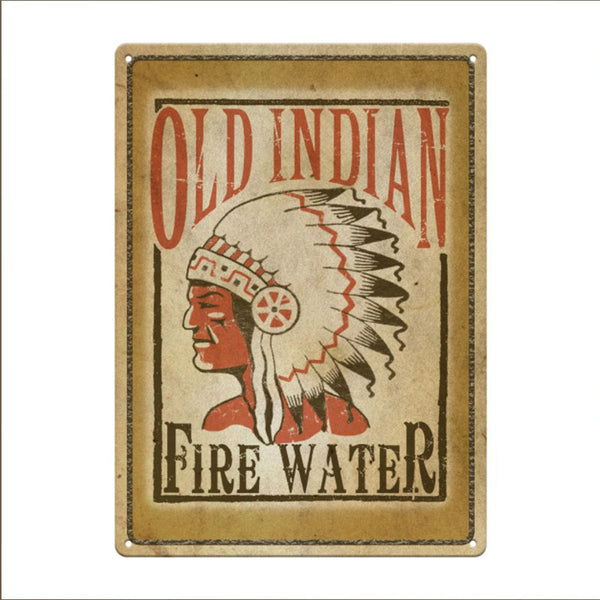 old indian fire water tin sign