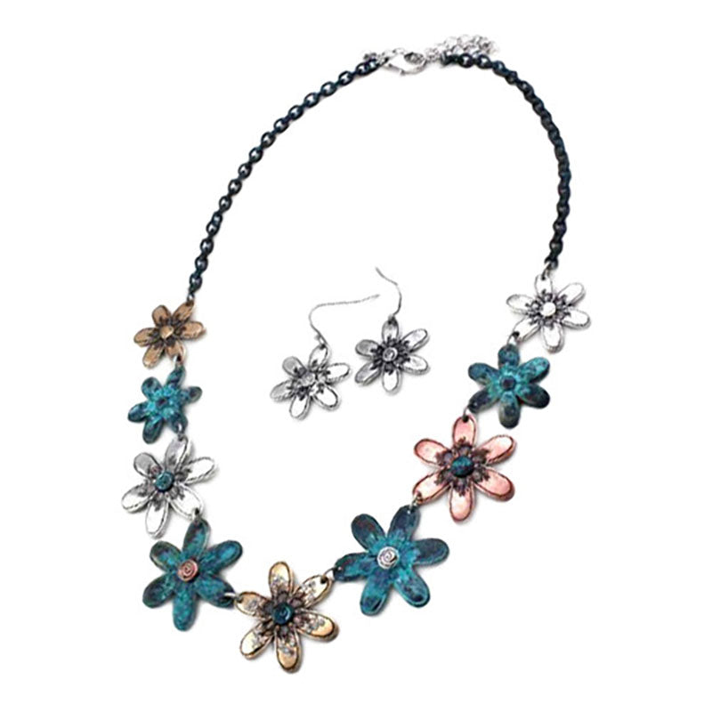 patina floral necklace and earrings set
