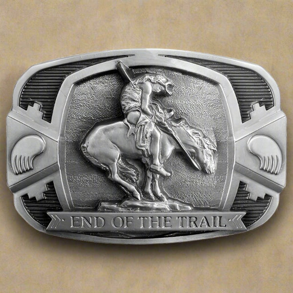 rectangle pewter end of the trail belt buckle