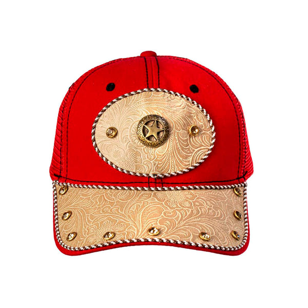 red and tan embossed leather star baseball cap