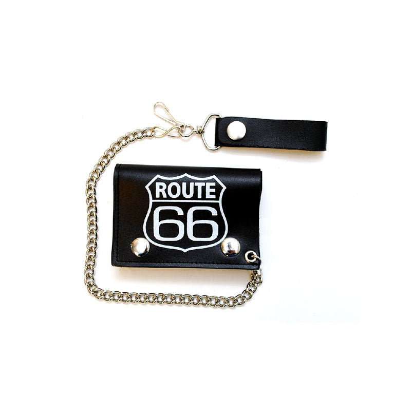 route 66 black leather trifold wallet with chain