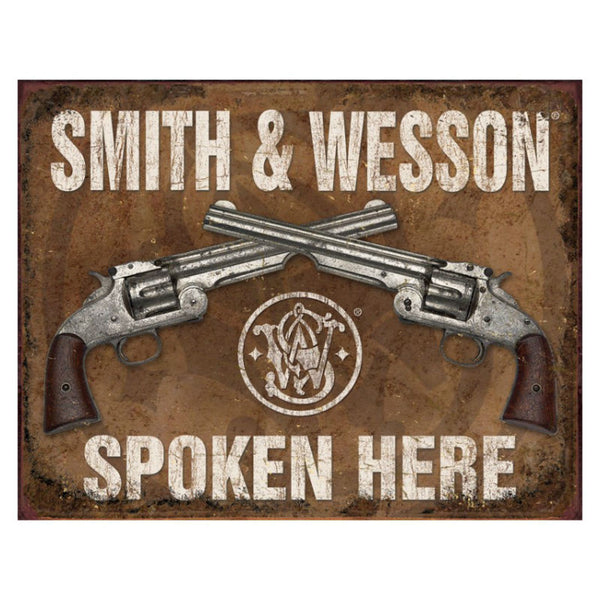 smith and wesson spoken here tin sign