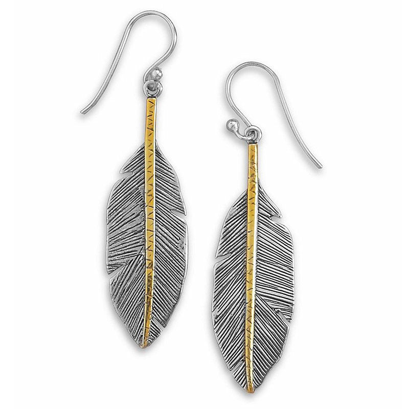 sterling silver & gold two tone feather earrings