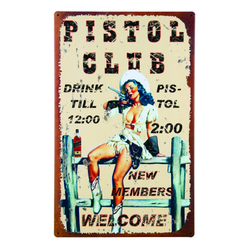 the cowgirl pistol club tin sign