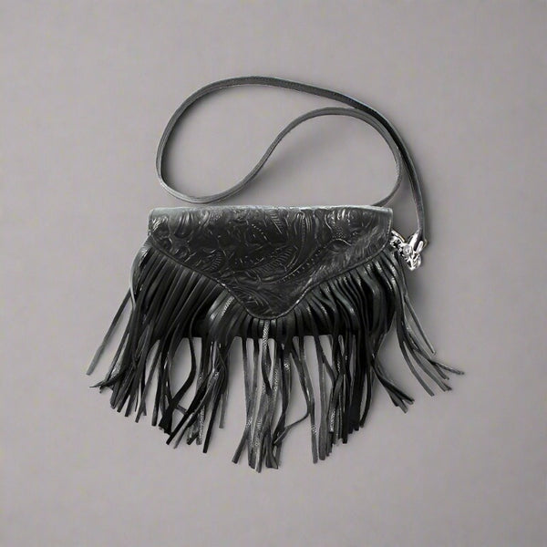 tooled black leather cross body fringe purse