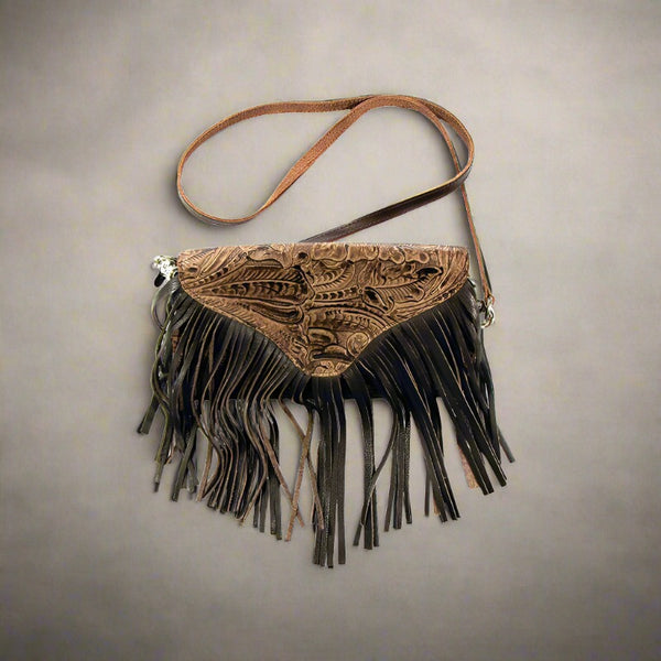 tooled brown leather cross body fringe purse