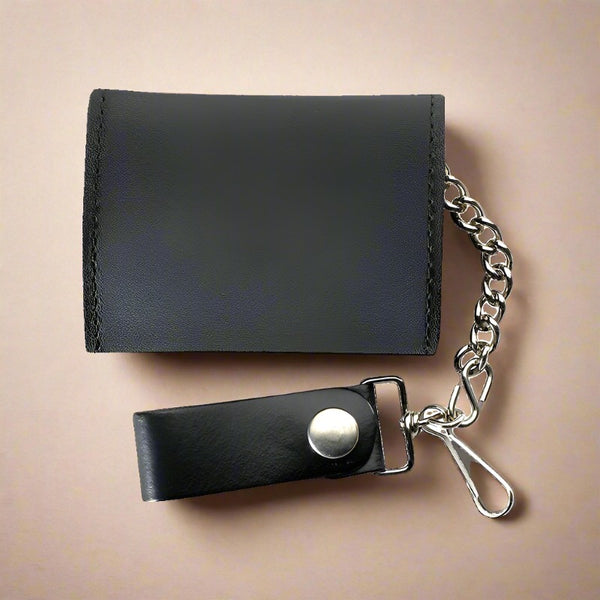 trifold black leather bikers wallet with chain