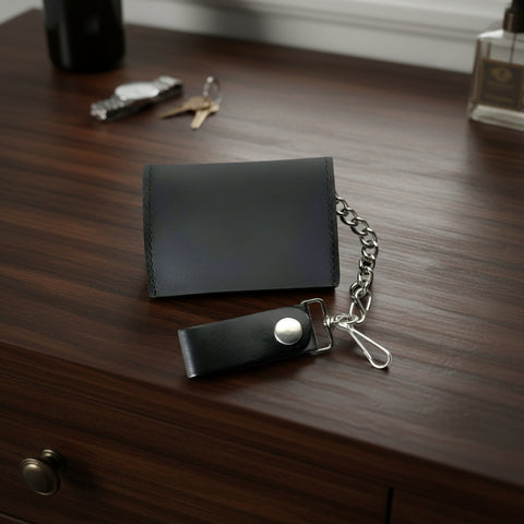Trifold Black Leather Bikers Wallet with Chain