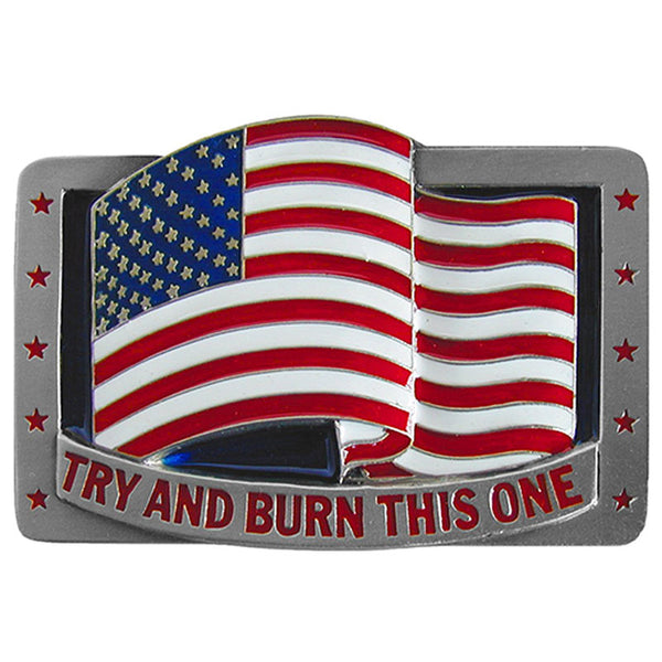 try and burn this one flag belt buckle