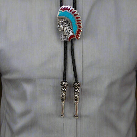 Turquoise & Coral Indian Chief Bolo Tie