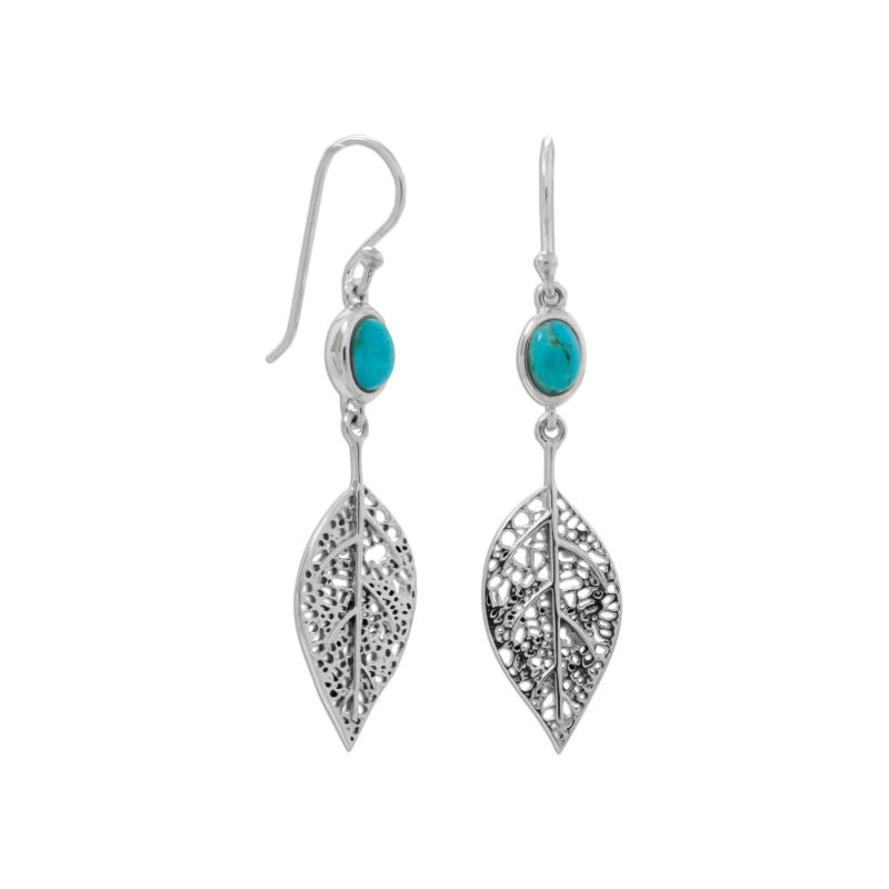 turquoise and leaf french wire earrings