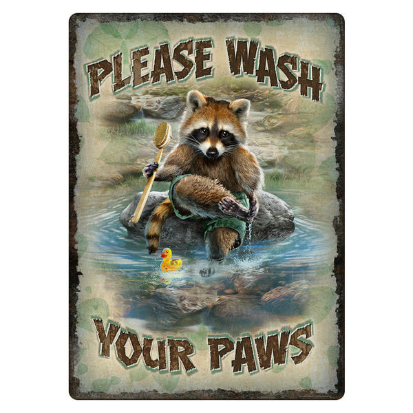 wash your paws raccoon tin sign