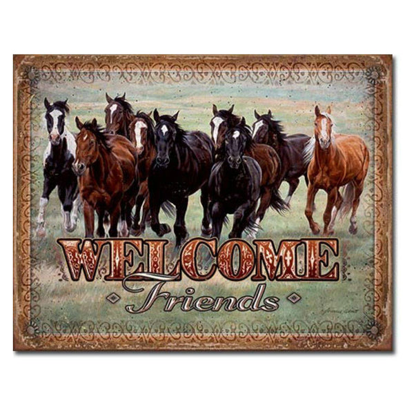 welcome friends horses tin sign
