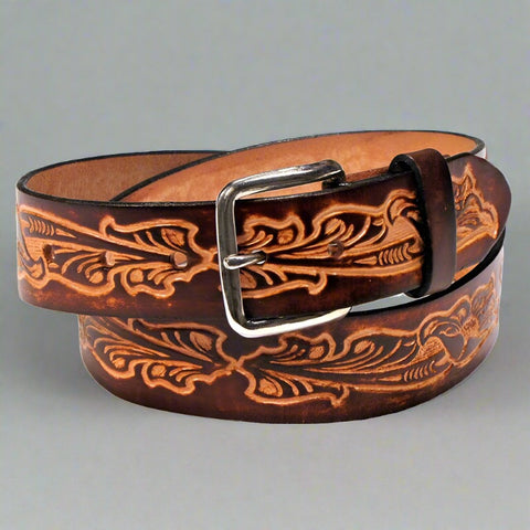 Western Scrolls Brown Leather Belt