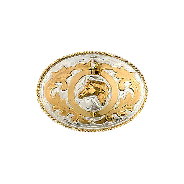 winners circle horse head german silver & gold belt buckle