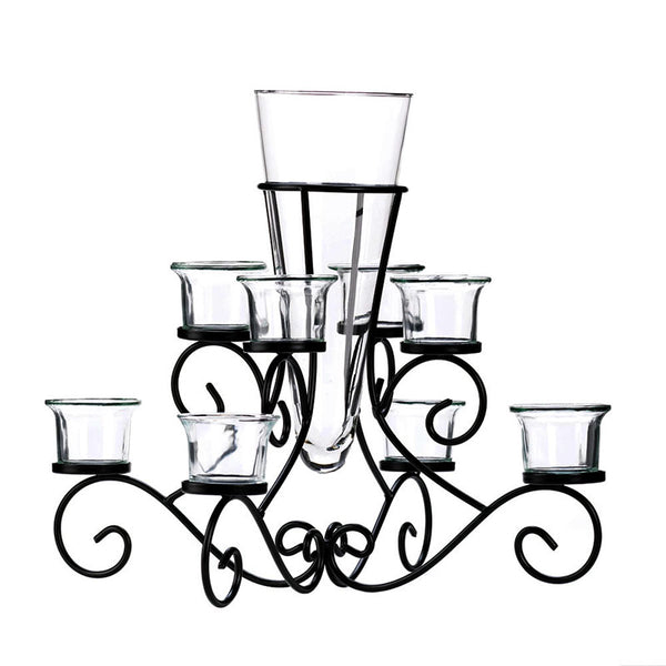 wrought iron scrollwork centerpiece candle stand with vase