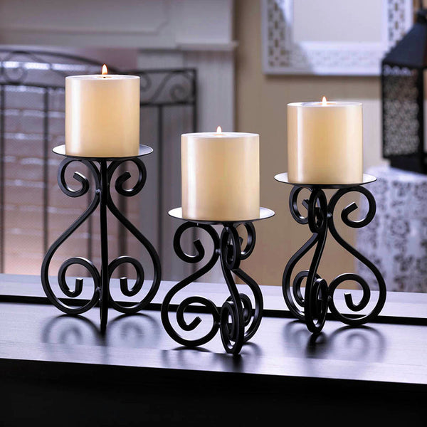 wrought iron scrollwork standing candle holder trio